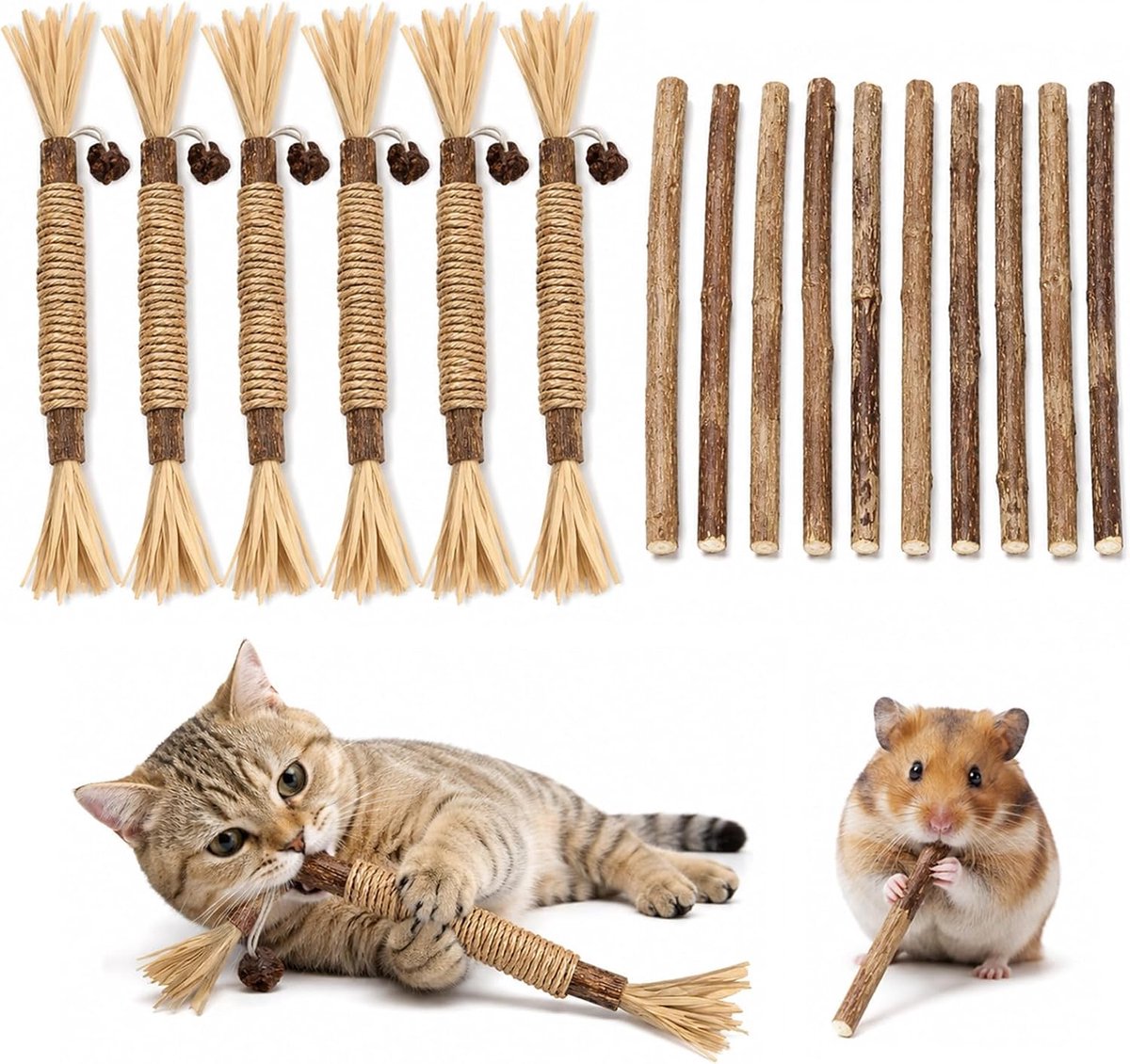 16 matatabi-stokjes van hout voor katten, natuurlijk kauwspeelgoed voor tandreiniging, verlicht stress en bevordert het spel