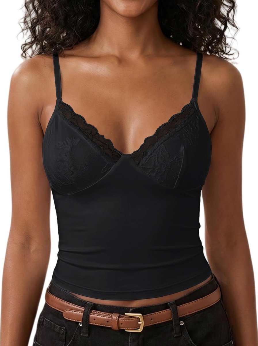 Vesttops voor dames, sexy, V-hals, mouwloos, kanten rand, cami-top, casual, schattig, verstelbare spaghettibandjes, tanktops, zomerse uitgaansoutfits, elegant hemdje, Y2K crop top voor party
