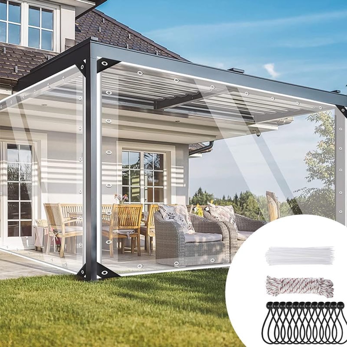 PVC-zeildoek 420 g/m², waterdicht zeildoek met oogjes multifunctioneel waterdicht zeildoek voor buiten, kleur: transparant riemaccessoires (4×4m)