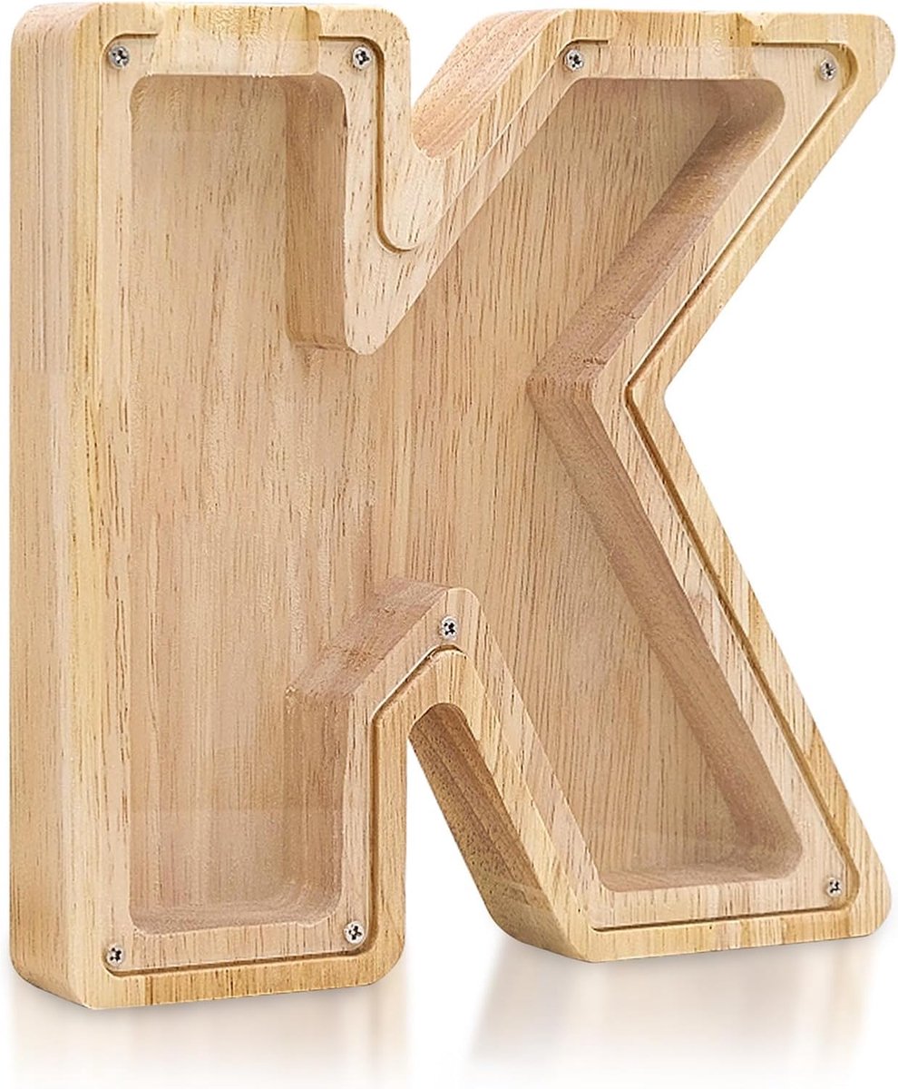 Spaarpot voor kinderen, gepersonaliseerde houten spaarpot, alfabet, transparante spaarpot voor kinderen, meisjes, volwassenen, cadeau en decoratie (K)