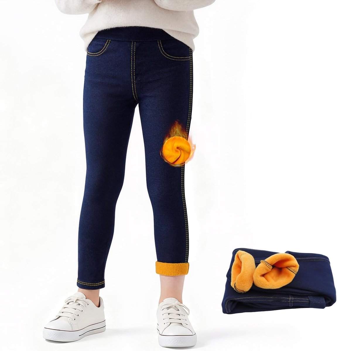 Leggings voor Meisjes Jeanslook Gefoerde Thermo Leggings met Fleece Lange Winterlegging voor Kinderen Elastische Thermobroek Jeggings met Zakken voor Meisjes 4-13 jaar
