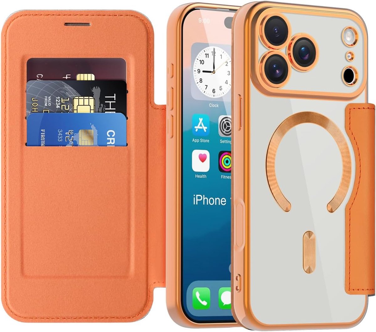 Lederen hoes voor iPhone 17 Pro premium flip PU-leer met kaarthouder, RFID-blokkering, compatibel met MagSafe, transparante achterkant, schokbestendig, magnetisch hoesje voor