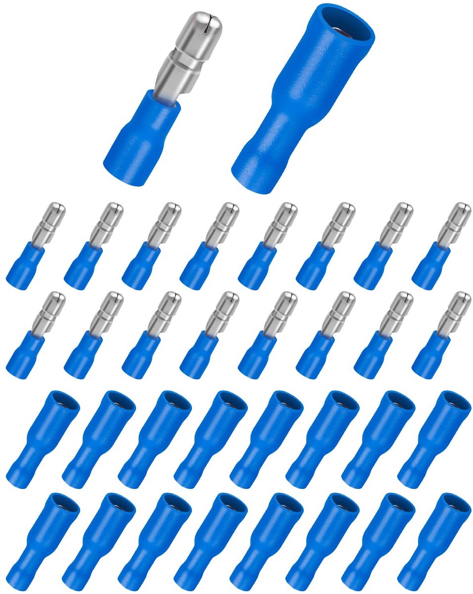 Kabelschoenen, 100 stuks, 1,5 - 2,5 mm², ronde stekkers, blauw en ronde steekhulzen, blauw, knijpverbinders, geïsoleerde connectoren voor auto