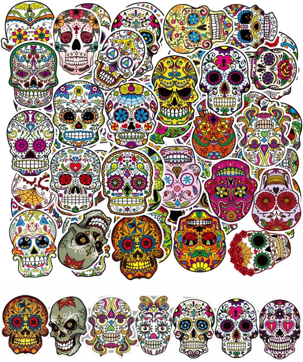52 stuks Halloween schedelstickers, dag van de doden, tijdelijke tatoeages, set, laptop, suikerschedel, waterdichte stickers voor waterfles, bagage, fiets, computer, skateboard