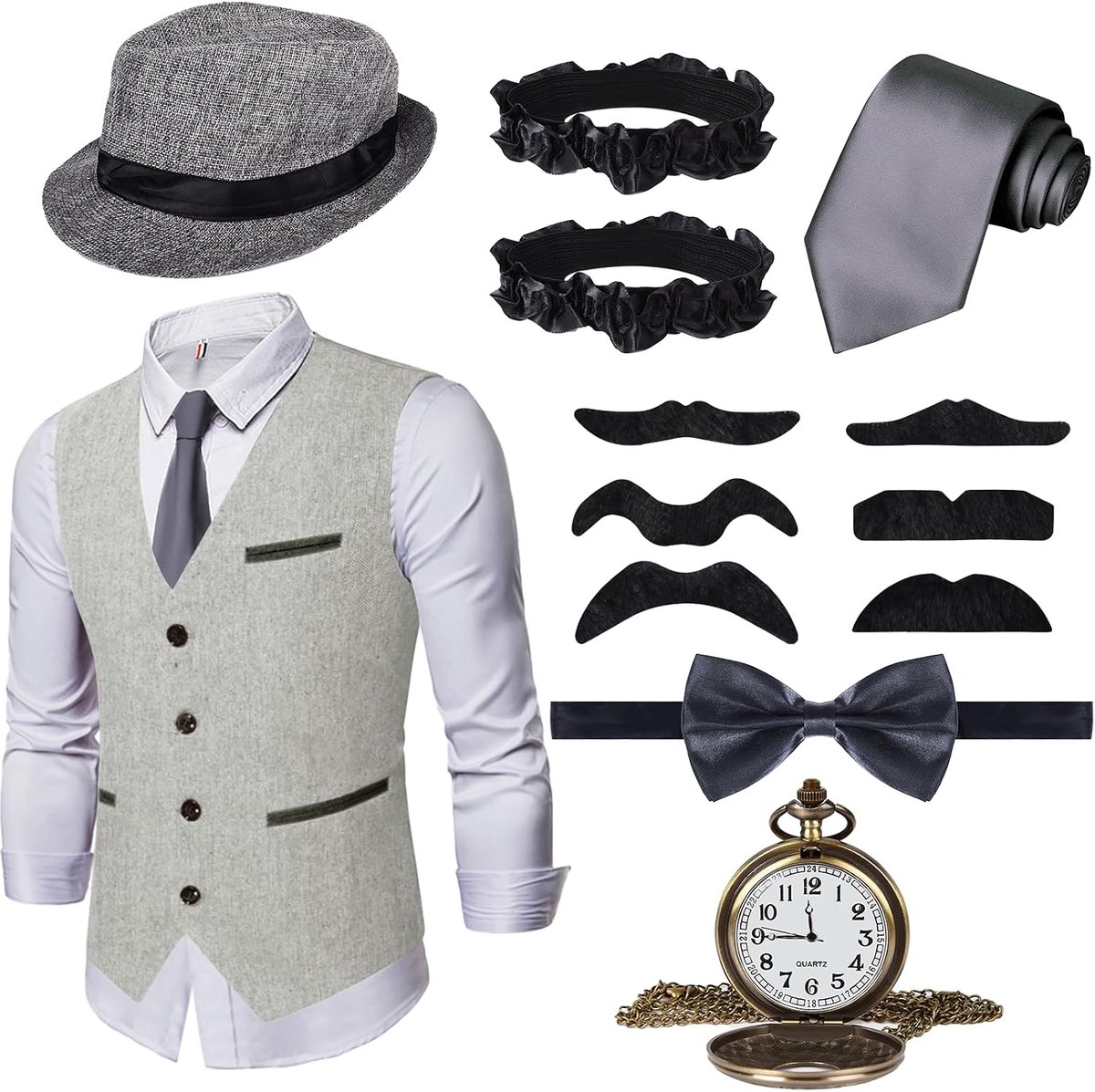 Jaren 20-herenaccessoires, 1920-maffiakostuum, set met vest en verschillende accessoires, voor Halloween, carnaval