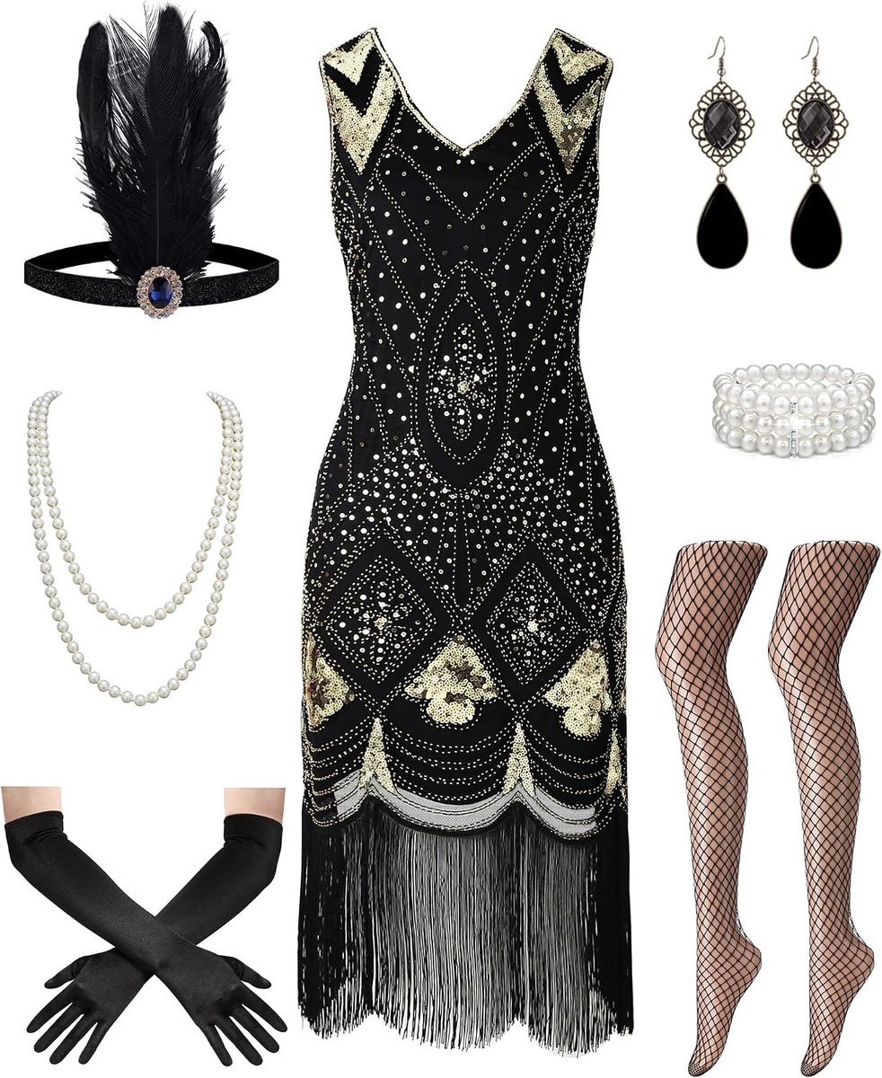 Jaren 20 flapper kostuum set pailletten Gatsby franje jurk