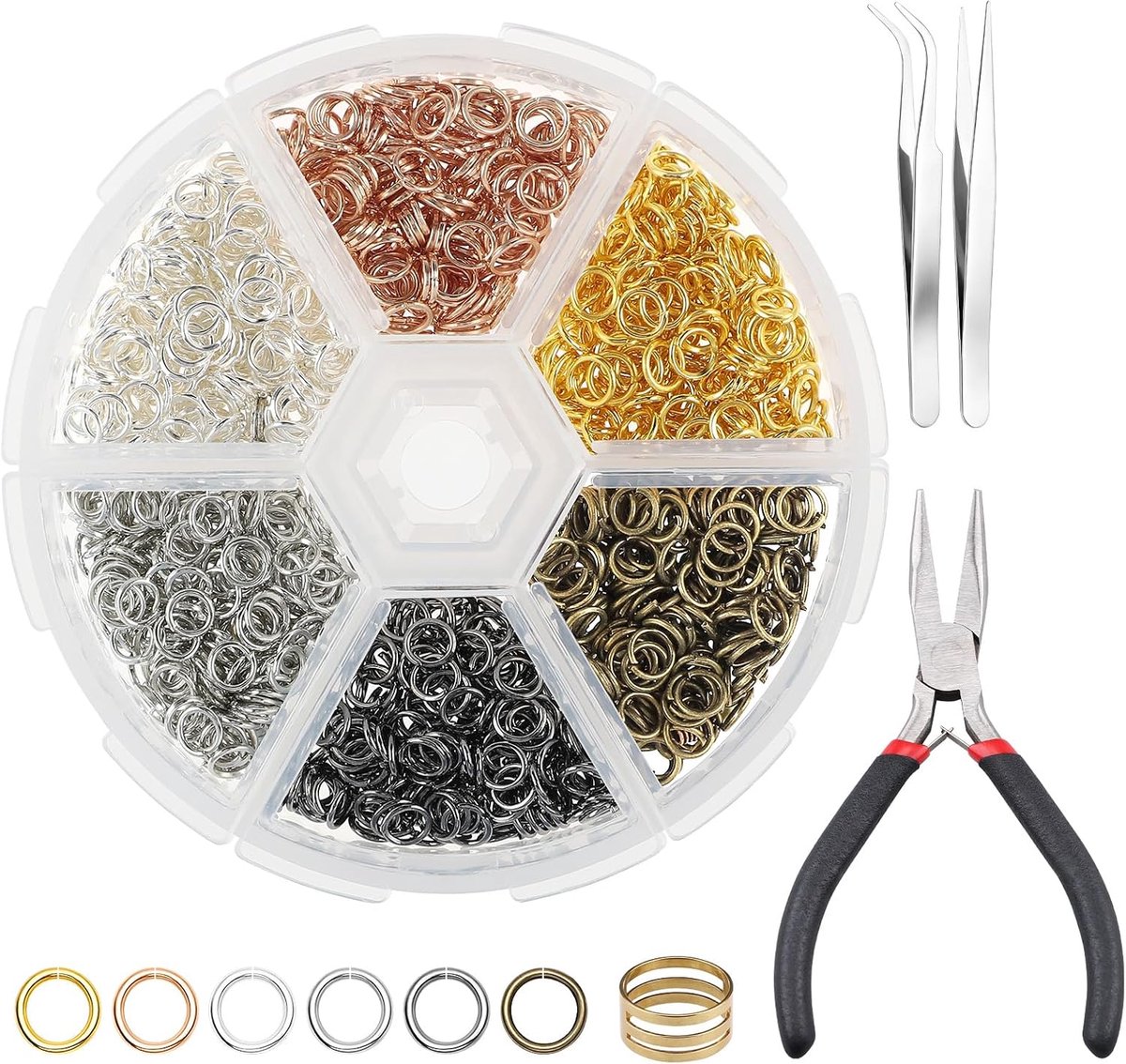 Springringen Kit, 6 Kleuren 5mm Jump Ringen voor Creatieve Projecten, met Tang, Pincet en Opener, voor DIY Handwerk, Sleutelhangers Maken