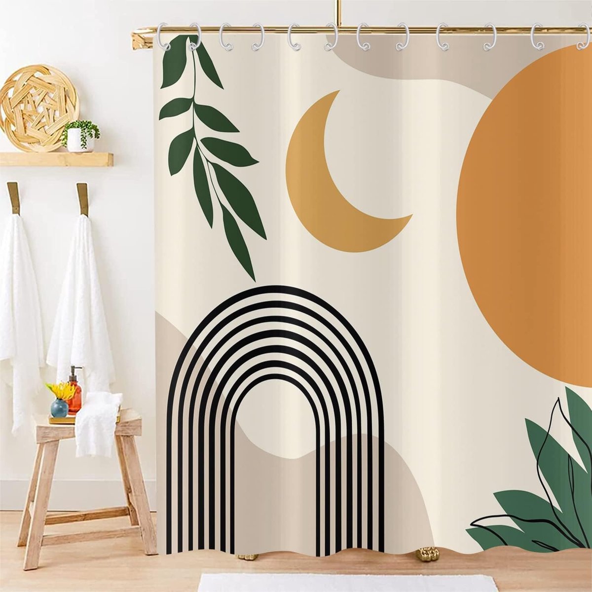 Douchegordijn, halverwege de eeuw abstracte bladboog, zon, maan beige badkamergordijnen, moderne minimalistische geometrische esthetische kunst, waterdichte polyester stof, wasbare