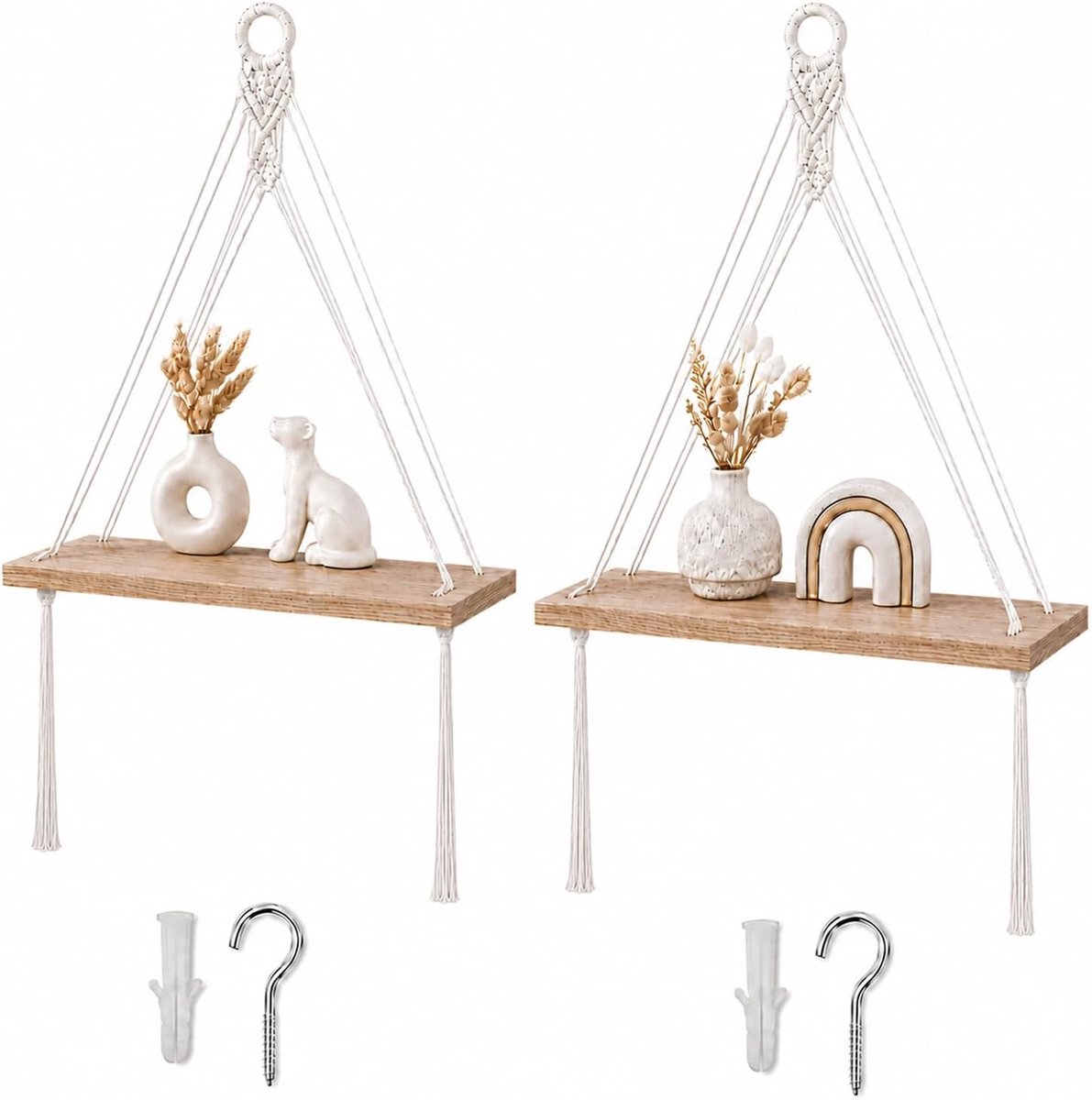 2 stuks handgeweven kwastjes, zwevend rek van hout, zwevende planken van hout met touw, boho-decoratie, voor woonkamer, slaapkamer, badkamer, balkon