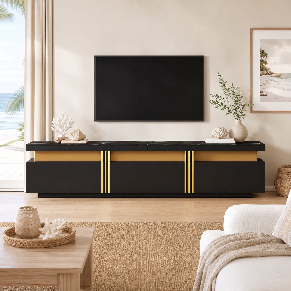 MEUNIQ TV-meubel 200 x 40 x 42 cm met marmereffect, 3 lades en kabeldoorvoer, zwart tv-dressoir voor televisies tot 90 inch voor de woonkamer
