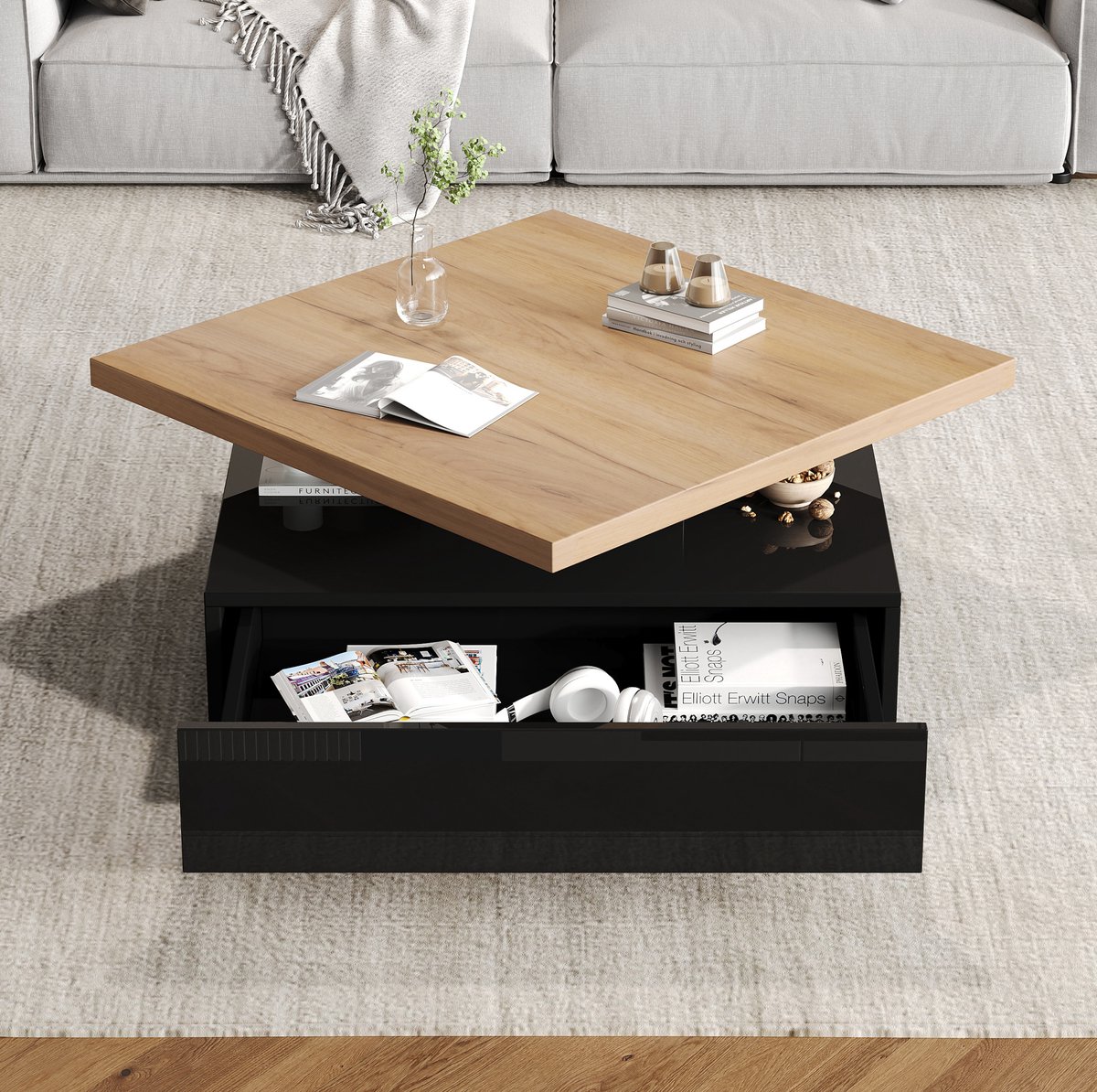 MEUNIQ Vierkante salontafel 70 x 70 cm met 360° draaibaar blad, verborgen lade en open vak, zwart en walnootkleurig voor de woonkamer
