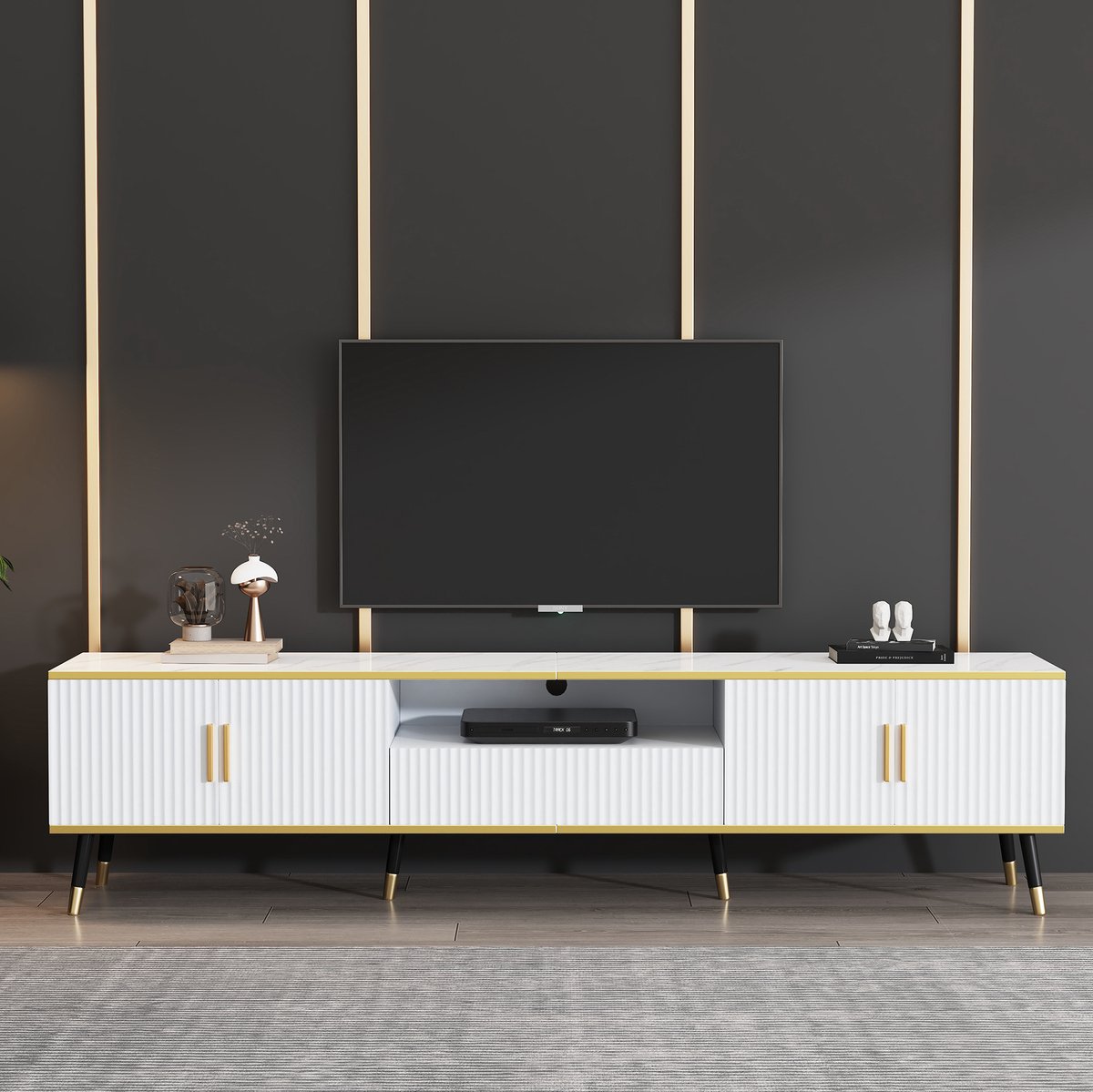 MEUNIQ TV-meubel 200 x 40 x 46 cm met marmereffect, 2 deuren, 1 lade, open vak en kabeldoorvoer, voor tv's tot 90 inch, woonkamer, wit