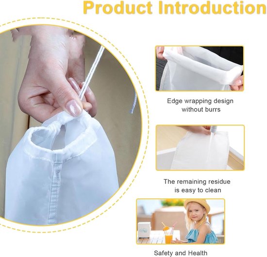 Witte Juicer Zak - 10 Stuks Nylon Filterzakken met Trekkoord voor het Filteren van Sojamelk, Sap en Groenten, Herbruikbaar en Wasbaar — afbeelding 2