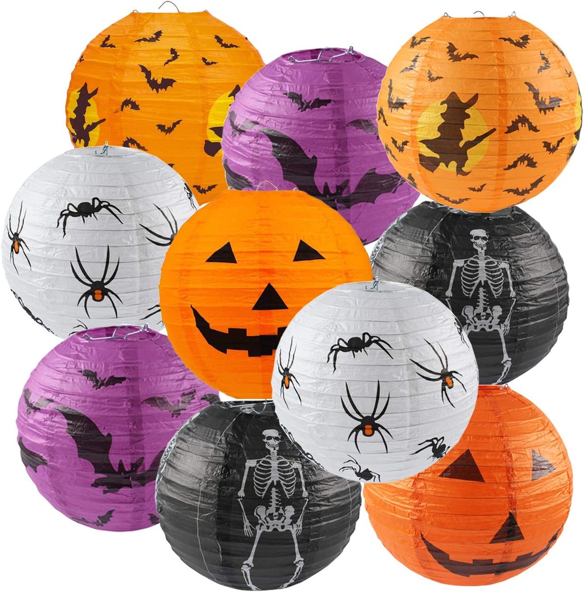 Daity Set van 10 papieren Halloweenlantaarns - met pompoen-, spin-, schedel- en pompoenmotieven, perfect voor Halloweenfeestdecoraties en griezelige binnen- en buitendecoratie (30 cm).
