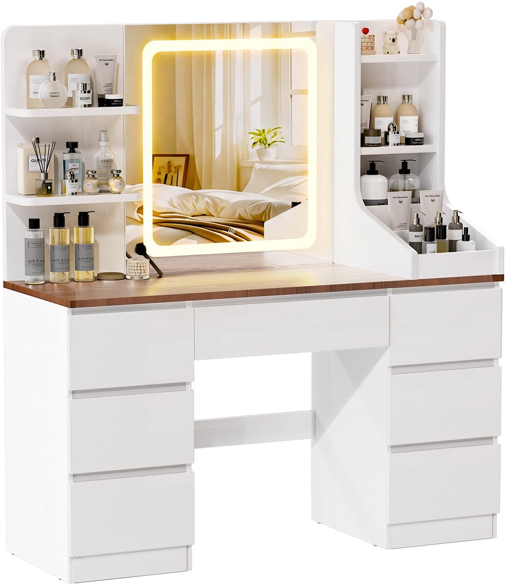 Devoko Kaptafel met LED-Spiegel en Touchbediening – 3 Lichtkleuren en Traploos Dimbaar – 7 Laden en 8 Open Opbergvakken – 108 × 40 × 139 cm – Vintage Houtnerf