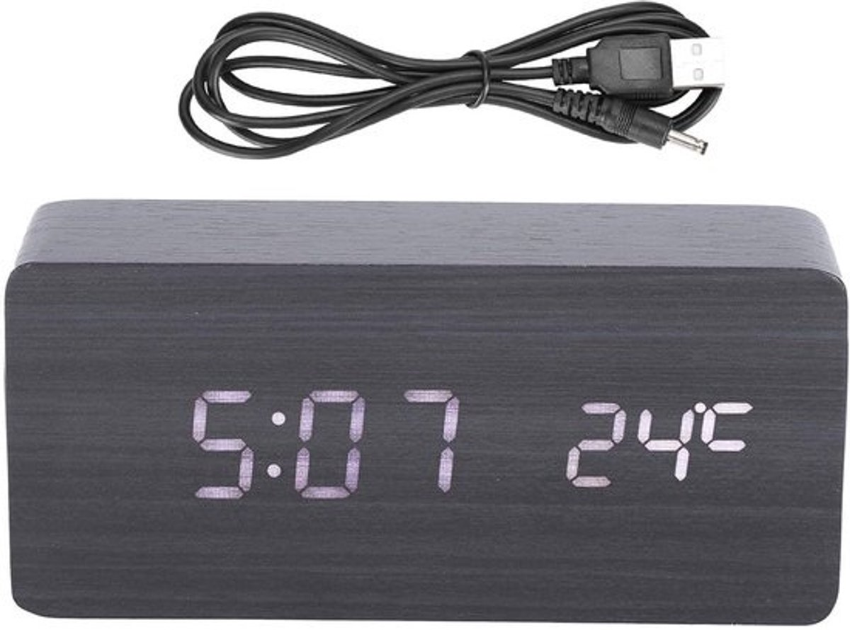 Moderne Wekker met LED Display, Touch Control en USB Oplader - Houtlook Digitale Klok