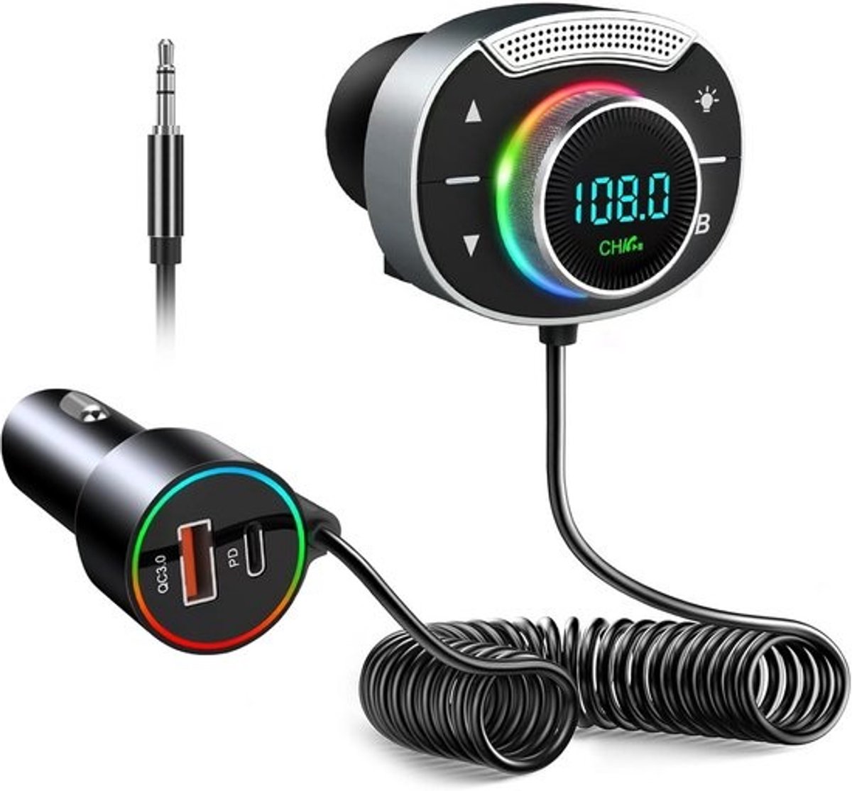 Auto FM Zender - Bluetooth Adapter - Muziek Streamen Bellen - Bluetooth 5.3 Snel Laders - 30W PD QC3.0 - Zwart