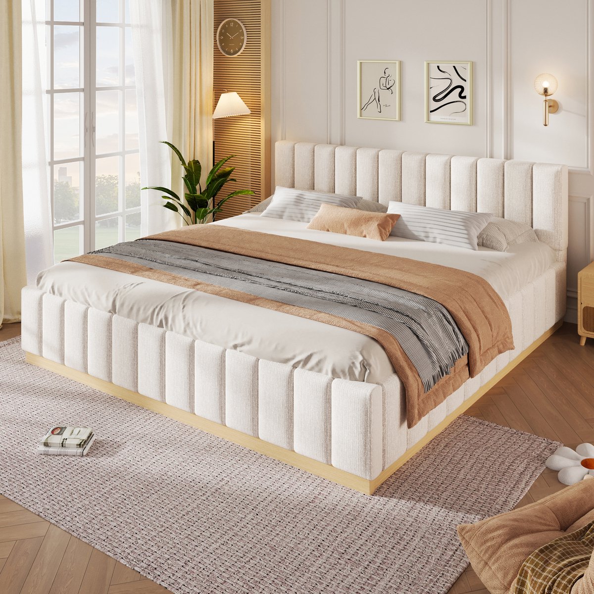 Merax Gestoffeerd bed 180 x 200 cm - inclusief lattenbodem - hoofdbord - gestoffeerd hoofdbord - zonder matras - beige