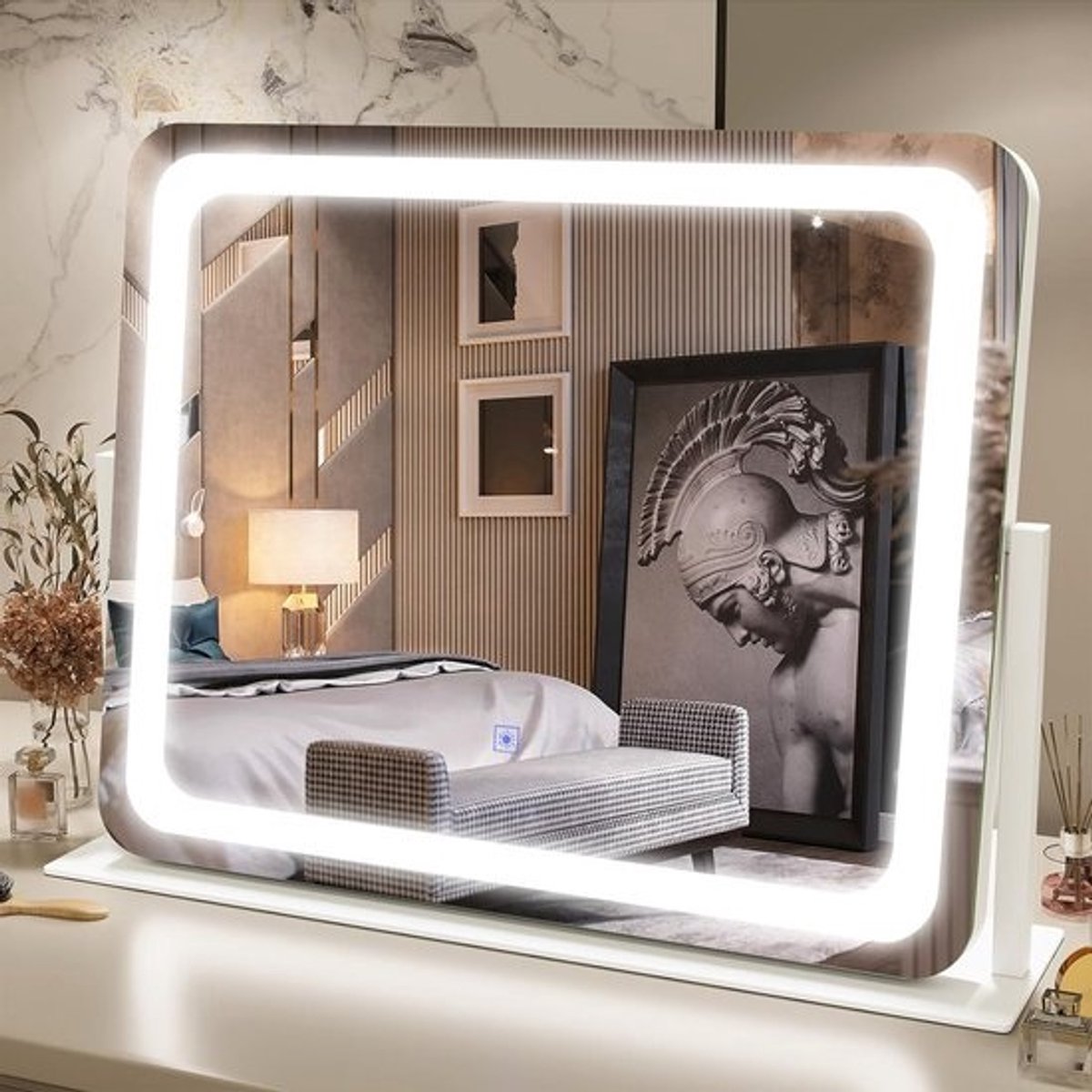 Grote Verlichte Make-up Spiegel met 3 Kleuren Licht - Dimbaar Tafelmodel