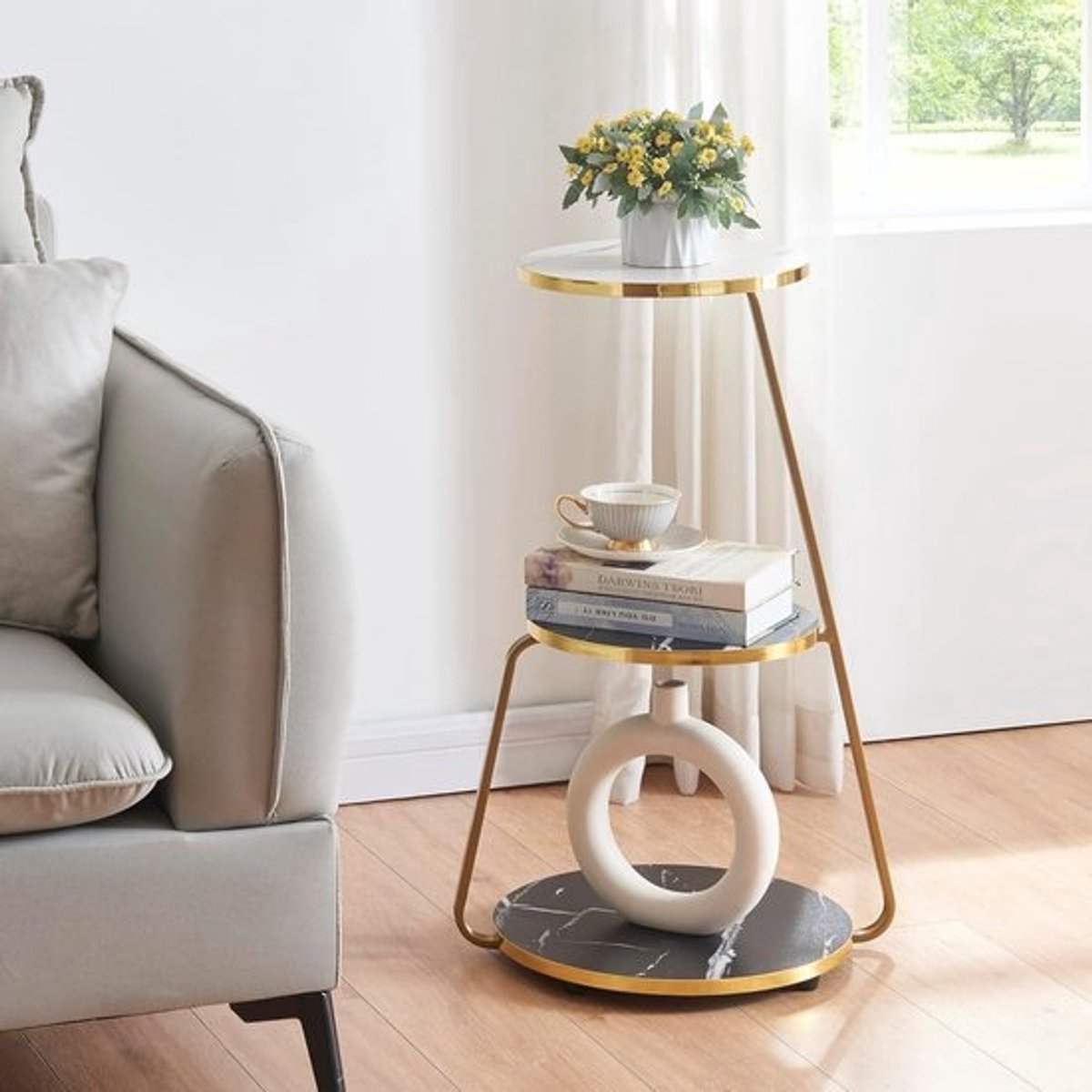 Set van 2 Marmer Look Bijzettafels met Gouden Frame - Stapelbaar