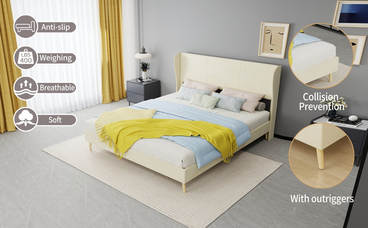 MEUNIQ Gestoffeerd tweepersoonsbed 160x200 cm met hoog hoofdbord en lattenbodem, laag bedframe zonder opbergruimte voor slaapkamer, beige
