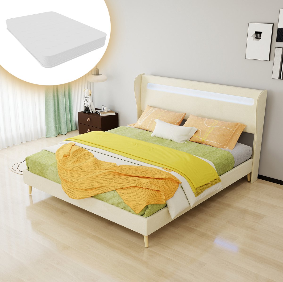 MEUNIQ Gestoffeerd tweepersoonsbed 160x200 cm met verstelbaar hoofdbord, kleurwisselende LED-verlichting, lattenbodem en matras, beige