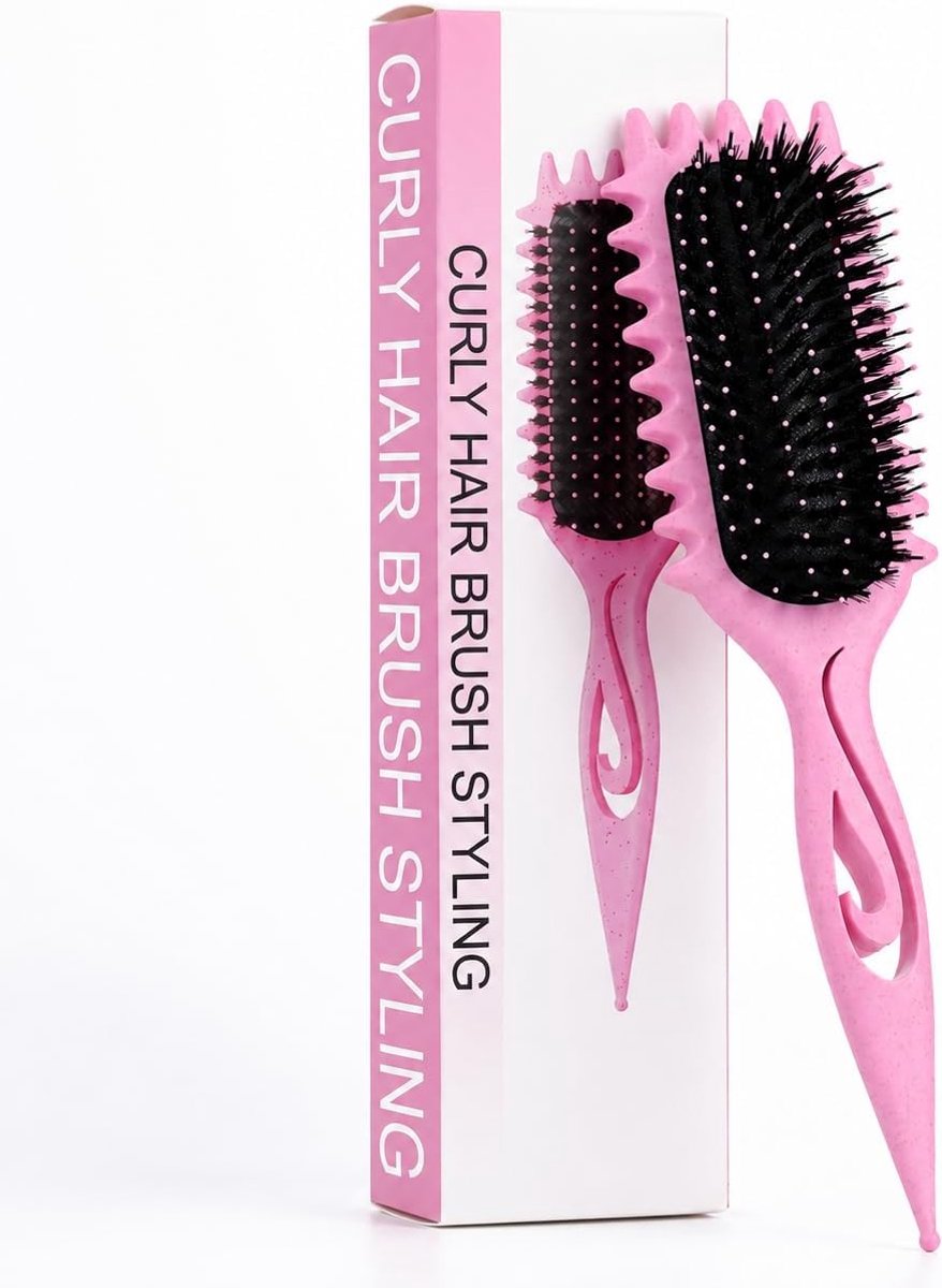 Curly Hair Brush met wildzwijnharen, stylingborstel (roze)