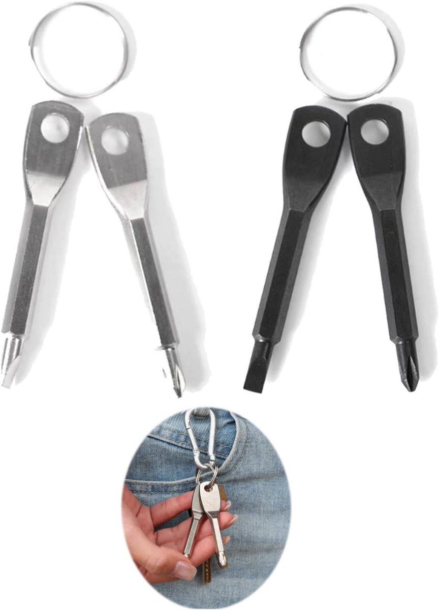 2 stuks sleutelhangers, zwart en zilver, compact universeel multigereedschap voor reparaties, fiets en EDC-noodkits