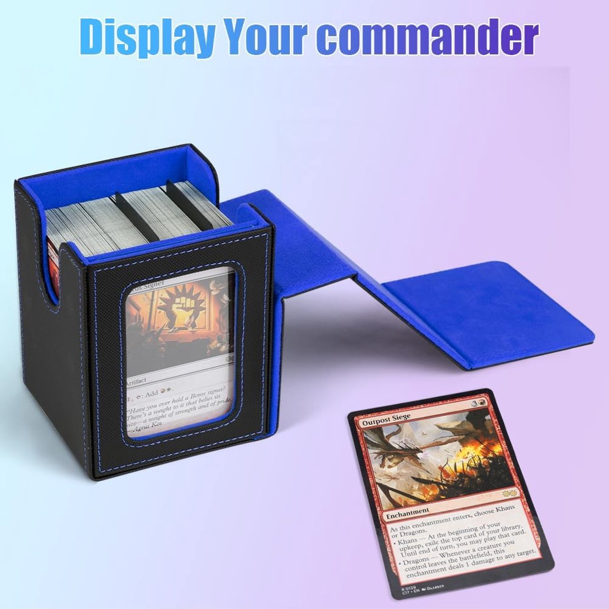 Kaarten voor MTG Commander, magnetische kaartdisplaycase met 2*verdelers, 1*toploader en 1*dobbelzak, PU lederen opbergdoos geschikt voor 100 kaarten met dubbele hoesjes - Blauw