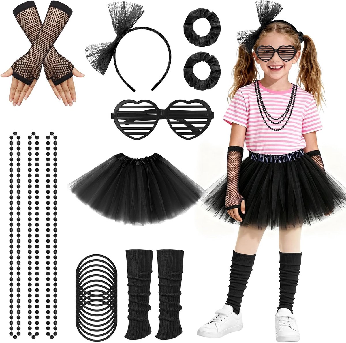 80-90-outfit, jaren 80-carnavalskostuum, accessoires voor meisjes met tutu/hoofdband, mouwen, armbanden, haarbanden, halskettingen, voetenzakjes, bril, jaren 90-outfit, set kinderkleding