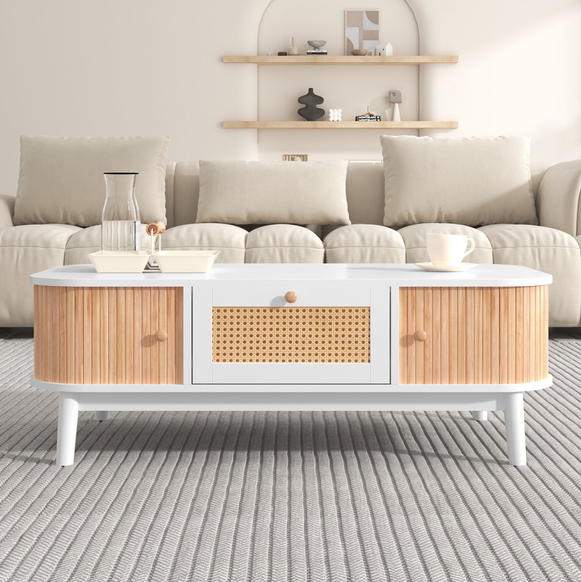 MEUNIQ Salontafel 110 x 55 x 38,5 cm met lades, kastdeuren en rotandetails, MDF koffietafel voor woonkamer, wit en houtkleur