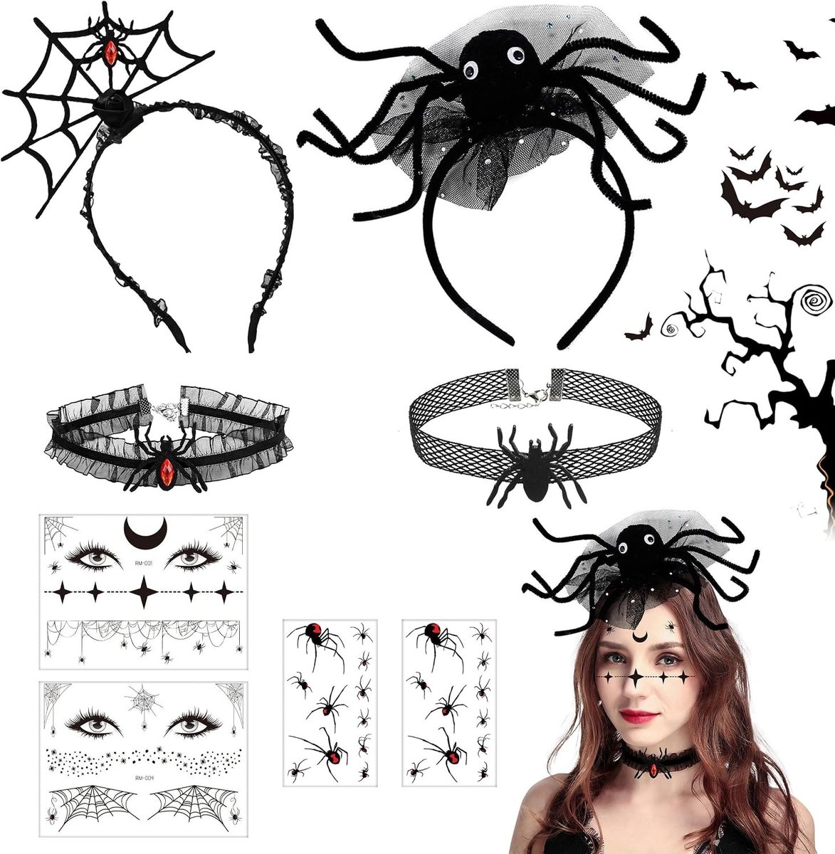 Spookachtige Haarband met Spin en Spinnenhalsband, Cobweb Haaraccessoire voor Halloween, Cosplay en Feestjes met Tijdelijke Tattoos voor Vrouwen