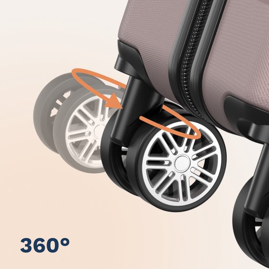 Close-up van een roze kofferwiel dat 360 graden kan draaien.