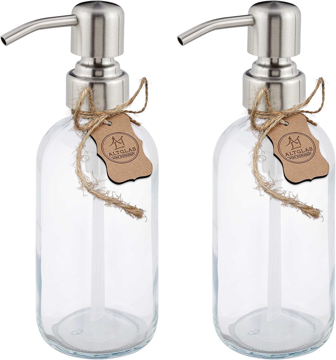 Zeepdispenser 'Sarajevo' gemaakt van Kristal Helder Glazen Fles voor Vloeibare Zeep en Lotion met Pompkop van Roestvrij Staal in Geborsteld Zilver (2 Stukken a 250ml)