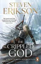 Boekomslag van 'The Crippled God' door Steven Erikson, met een krijger in harnas in de strijd.