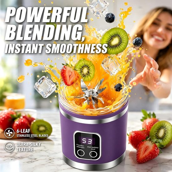 Blender smoothie maker, mini-mixer to go, 450 ml, oplaadbaar, beker met led-display, 12 messen, draagbare blender voor milkshake, sap, smoothie (2 - paars) van Blender — afbeelding 5