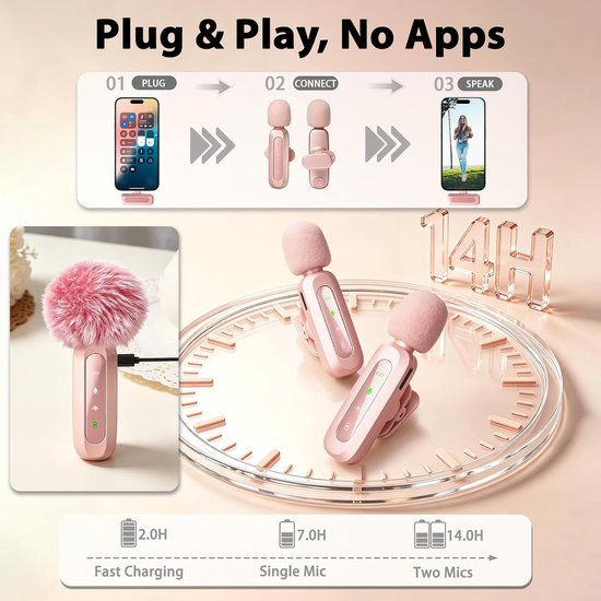 Roze microfoon geschikt voor iPhone en USB-C stekker, lavalier-microfoon geschikt voor ruisonderdrukking, led-display en draaibare clip, ideaal voor vlog, TikTok en het maken van inhoud — afbeelding 4