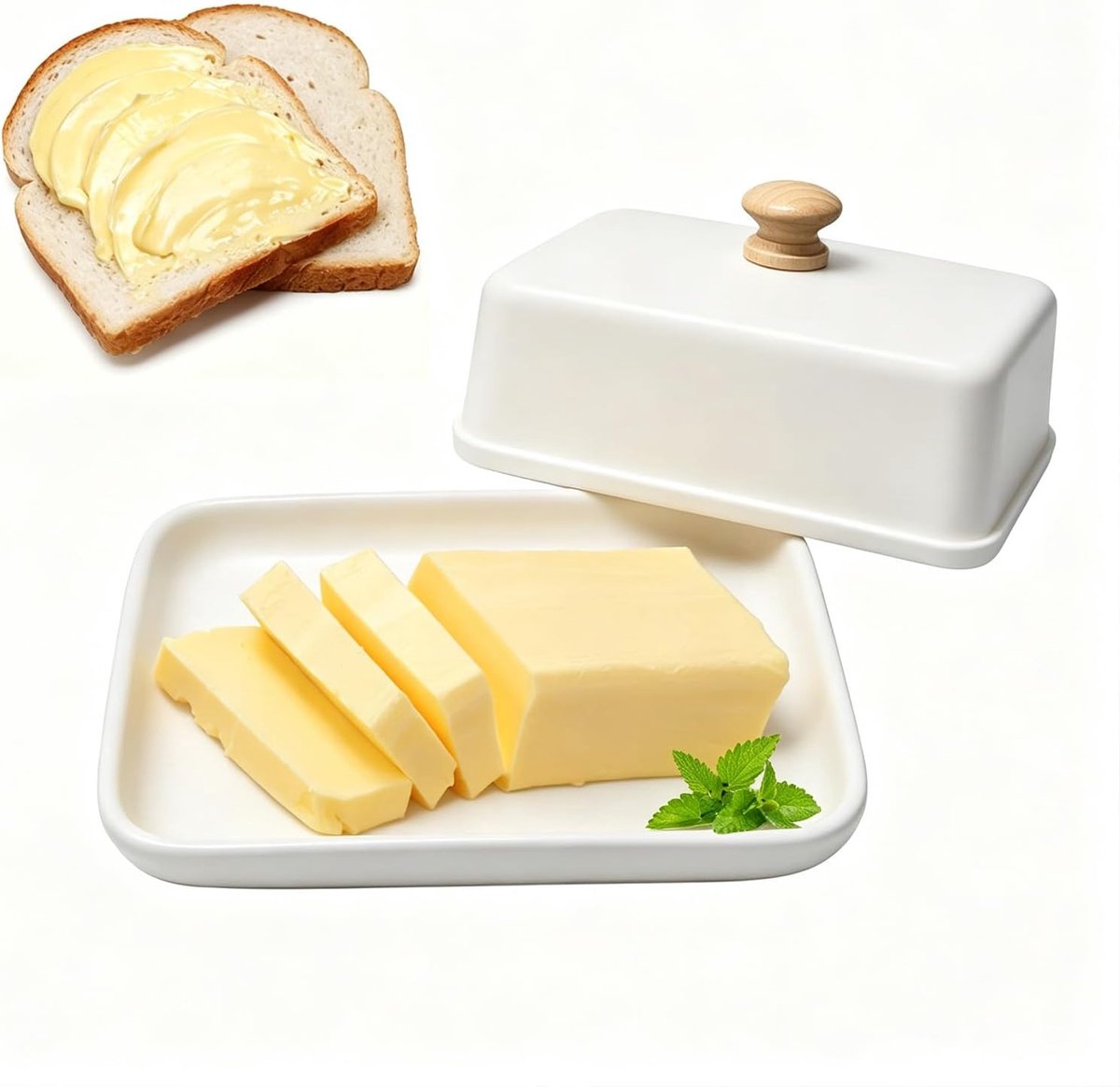 Botervloot van keramiek met deksel, botervloot, 250 g, boterbel, luchtdicht, vershoudbaar, vaatwasmachinebestendig, voor koelkast en keuken, boterschaal (wit)