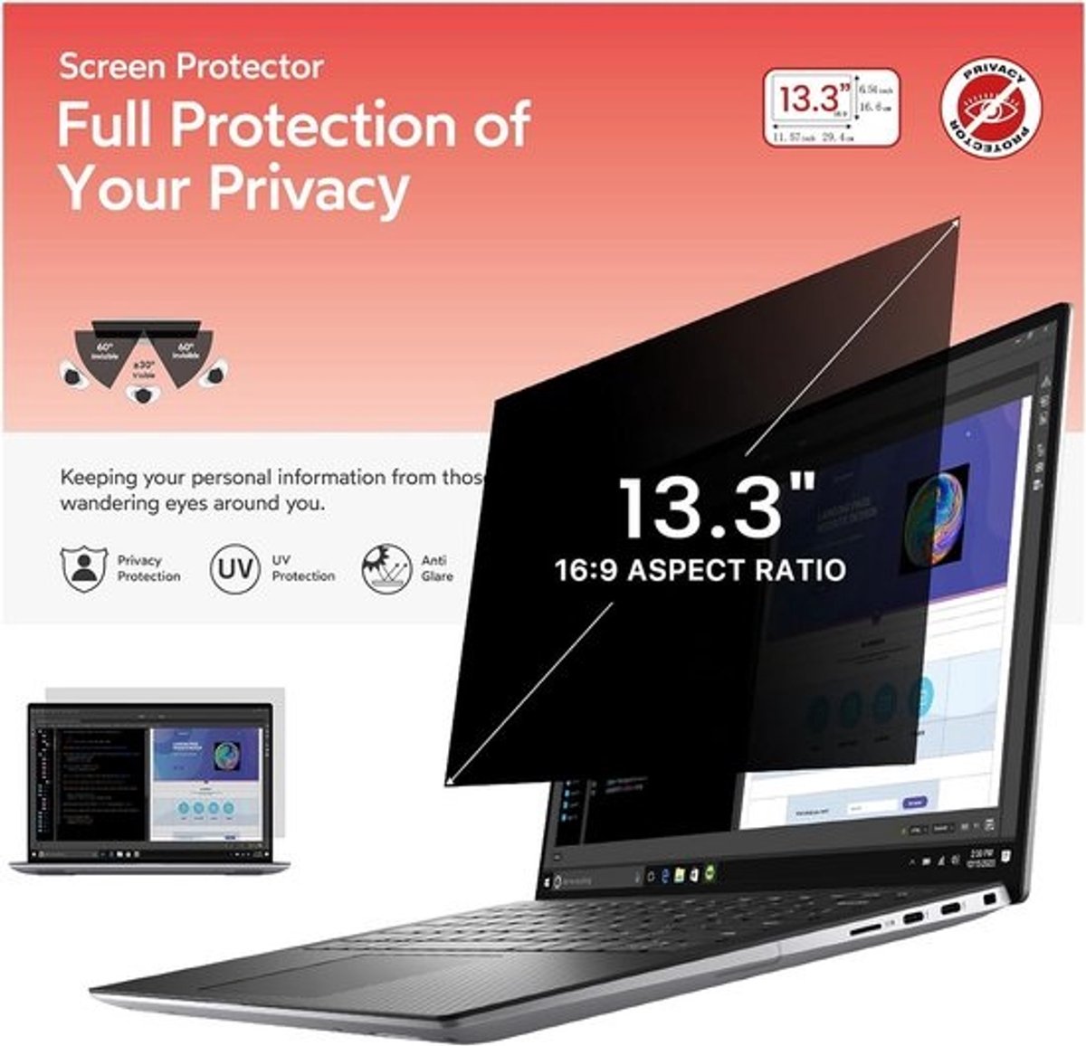 13,3 Inch Privacy Filter voor Laptop Scherm (16:9) - Verwijderbaar en Anti-Glare