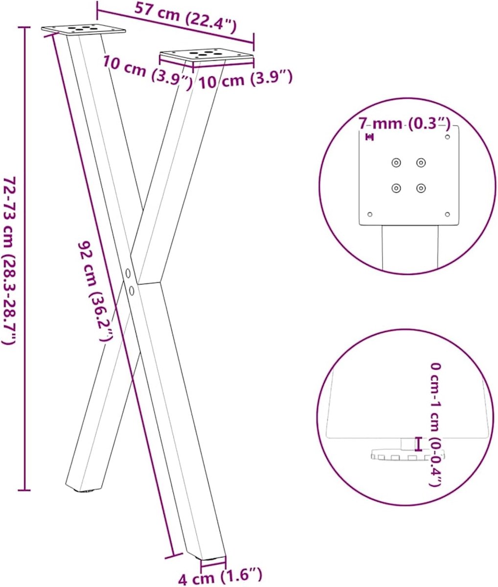 Poten X-vormig, 2 stuks, stabiel stalen frame met nivelleringspoten, wit, 57 × 72-73 cm, geschikt voor tafelbladen
