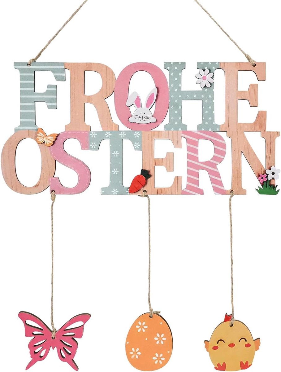 Vrolijk Pasen van hout - paasdecoratie met paashaas en paaseieren om op te hangen aan deur, muur of raam - houten bord voor feestelijke paasdecoratie