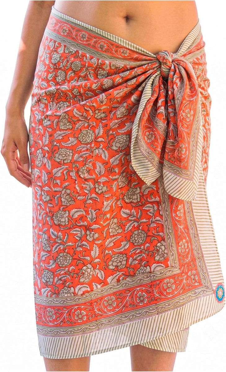 damespareo – Indiase sarong met gouden rand – Zachte katoenen bikini cover up - Strandpareo - Badpak Strandjurk - Wrap - Pareo