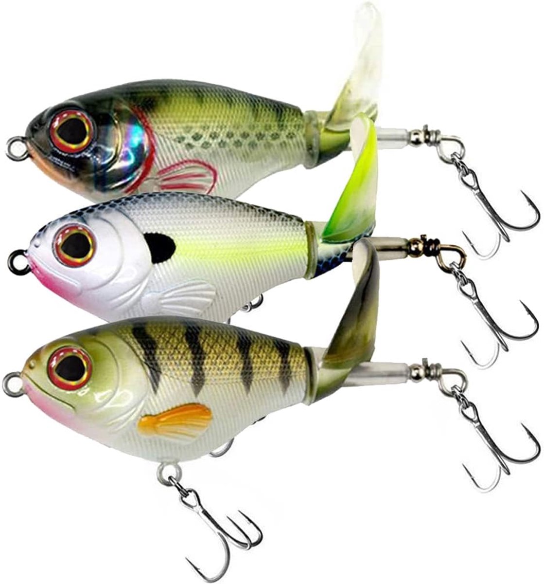 Set van 3 vislokken, baarslok met draaiende staartdobber, geschikt voor forel, barracuda, baars en andere vissen, model AH7517, 7,5 cm zoutwater Plopper-lok, een cadeau voor mannen, geschikt voor het vissen op muskellunge en andere vissen.