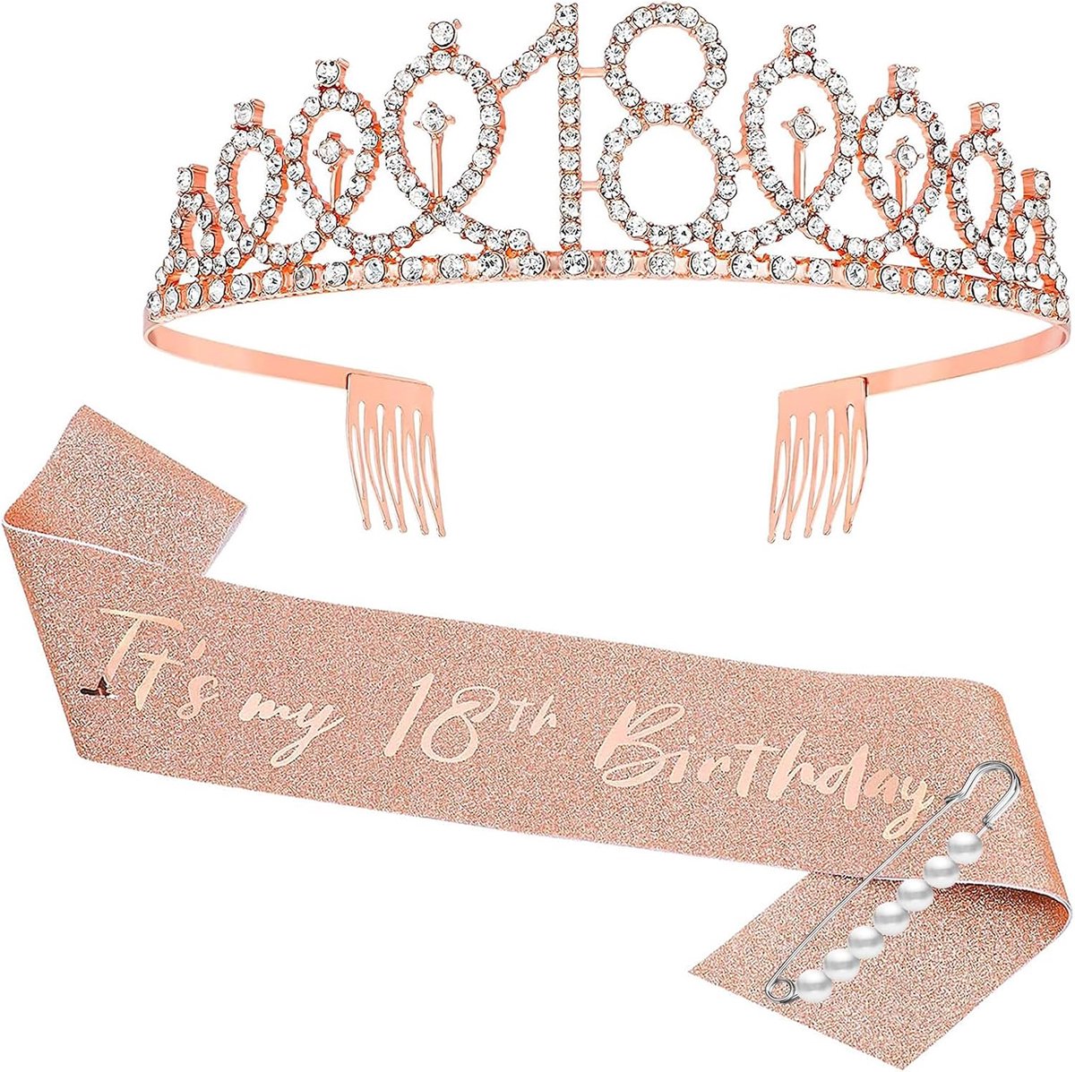 Verjaardagssjaal en tiara voor dames, roségoud, kroon, cadeau voor verjaardagsdecoraties