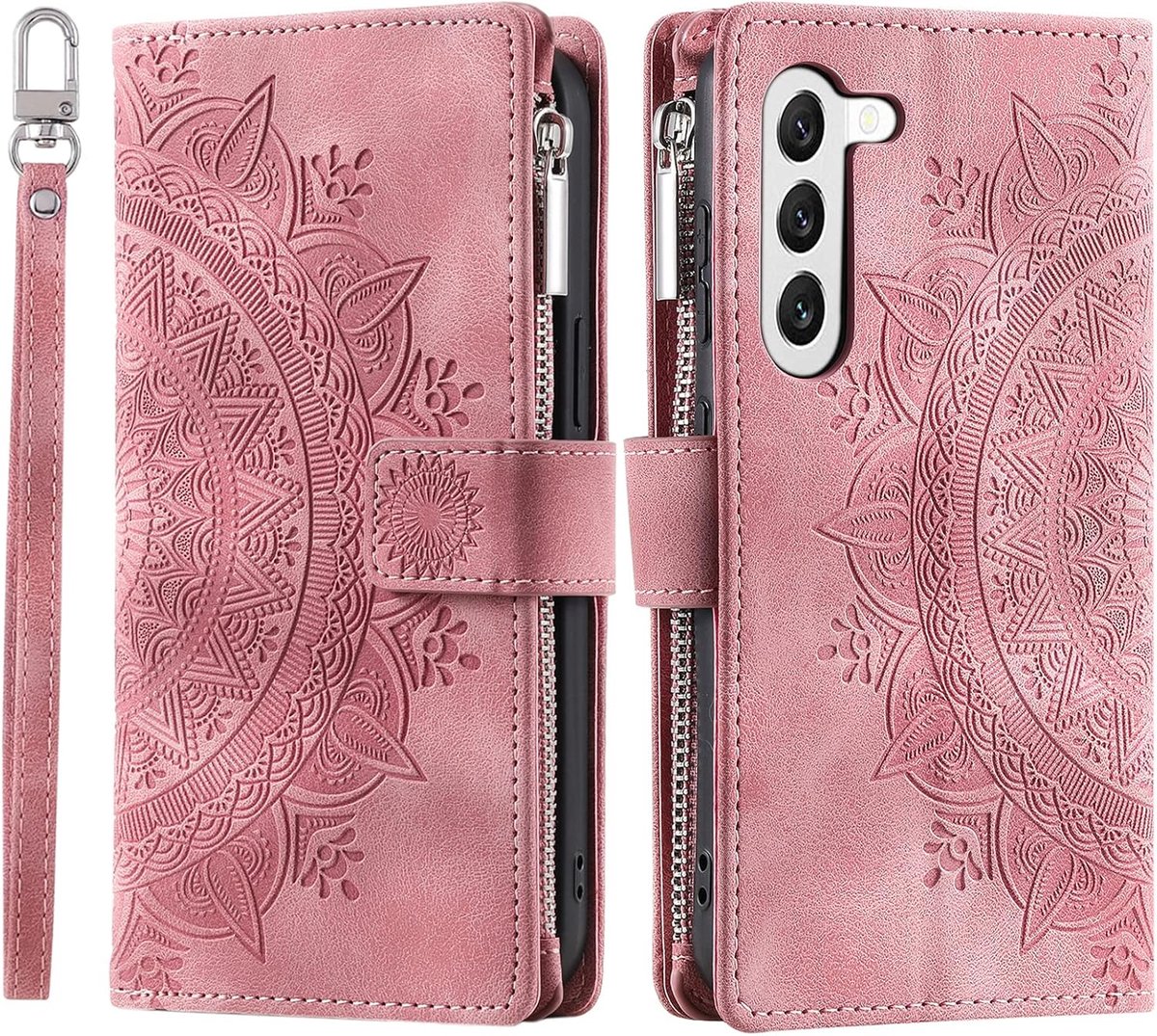 Hoes voor mobiele telefoon voor Samsung Galaxy S23 5G, klaphoes met bloemenvak, beschermhoes, klaphoes, met kaartenvak, briefhoes, standfunctie, roze
