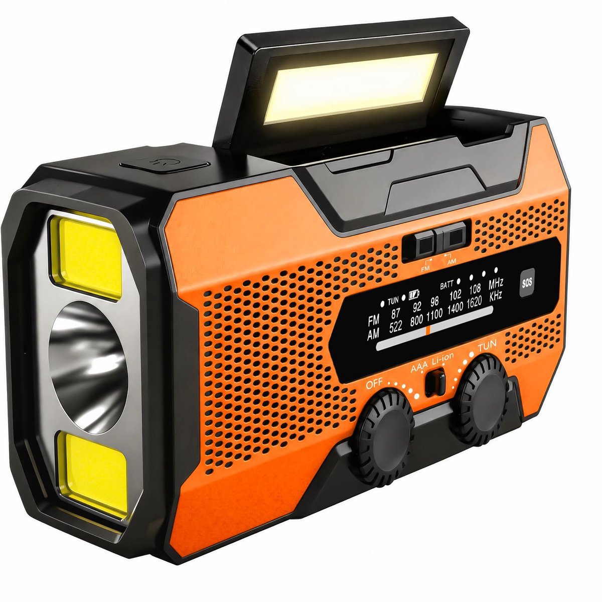 Oranje noodradio met handslinger, AM/FM-radio, radio op zonne-energie met LED-zaklamp, leeslampje en SOS-alarmfunctie; oranje overlevingsradio geschikt voor kamperen en noodsituaties tijdens orkanen.