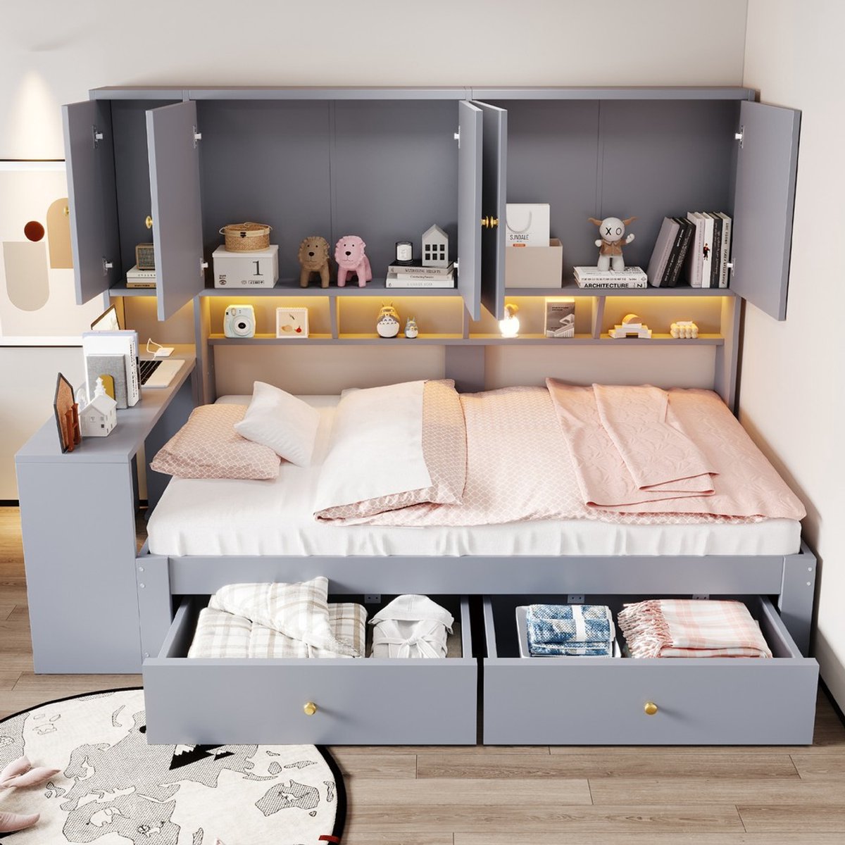 KOMHTOM Multifunctioneel houten bed 90 x 200 cm, met geïntegreerd bureau, meerdere kasten en opbergvakken, met lades, voorzien van LED-verlichting en stopcontacten, grijs