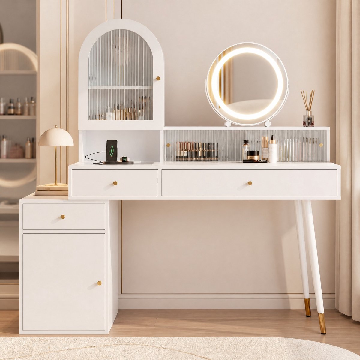 MEUNIQ Kaptafel 140 x 40 x 140 cm met LED-rondspiegel, 3 lades, USB, Type-C en 2 stopcontacten, uitschuifbaar L-vormig glazen blad, wit