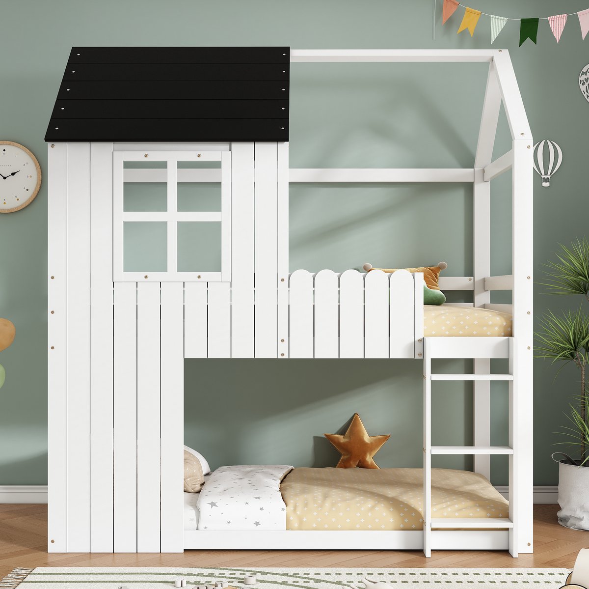 MEUNIQ Kinderhoogslaper huisbed 90x200 cm met zwarte dakvorm, raamdetails, trap en rondom veiligheidshek voor de kinderkamer, wit en zwart