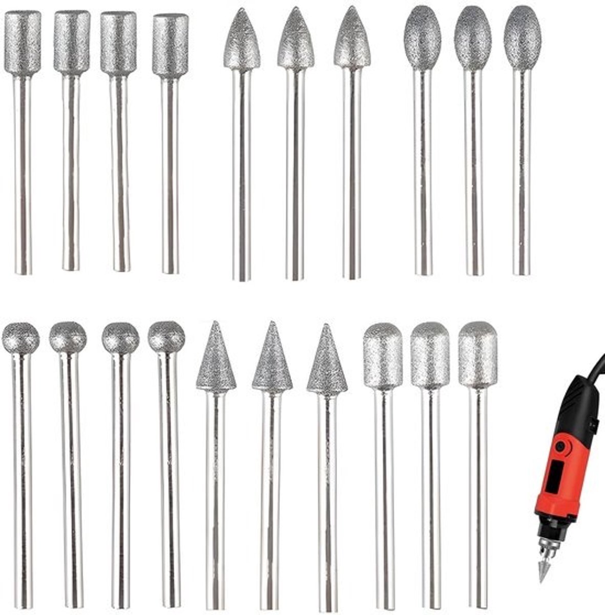 Diamant Freesset - Slijpstiften Graveerset - Detailbewerking Harde Materialen - 20 Delige Set - 1/8 Inch Schacht - Zilverkleurig